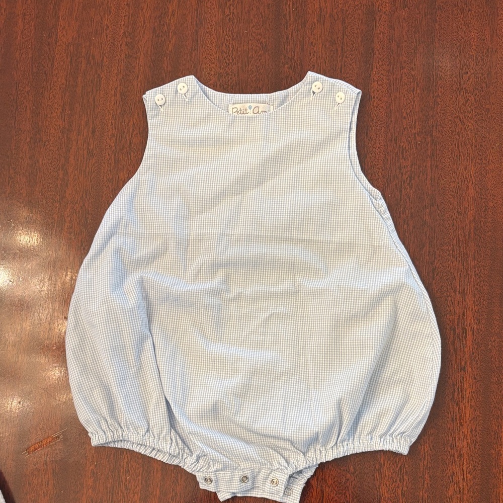 Petit Ami Light Blue Gingham Bubble Romper